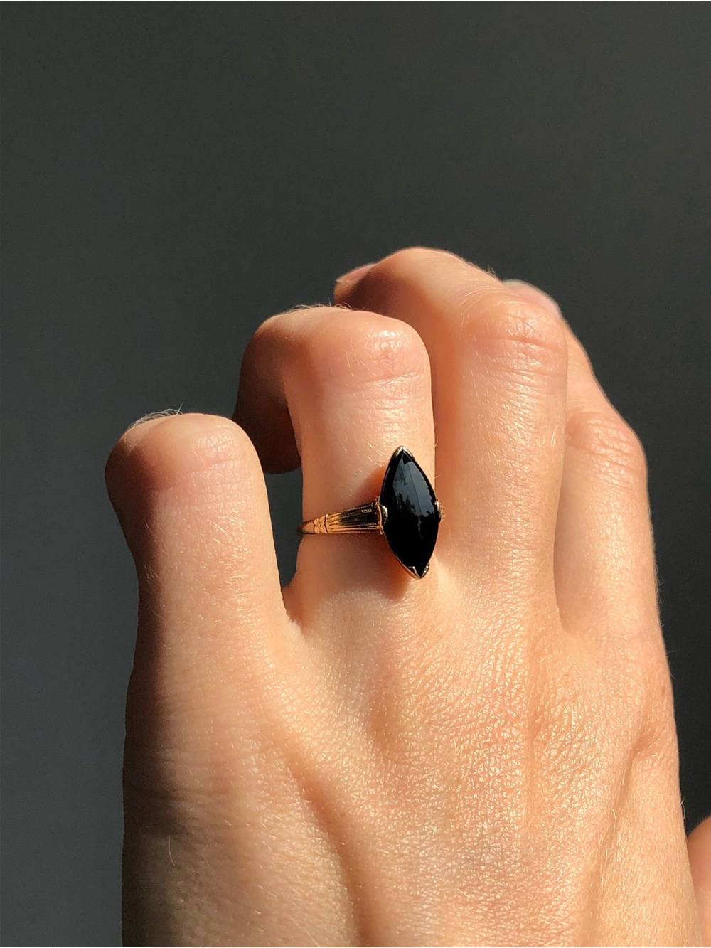 Vintage 10k Solid Gold Ring with Onyx Marquise Stone